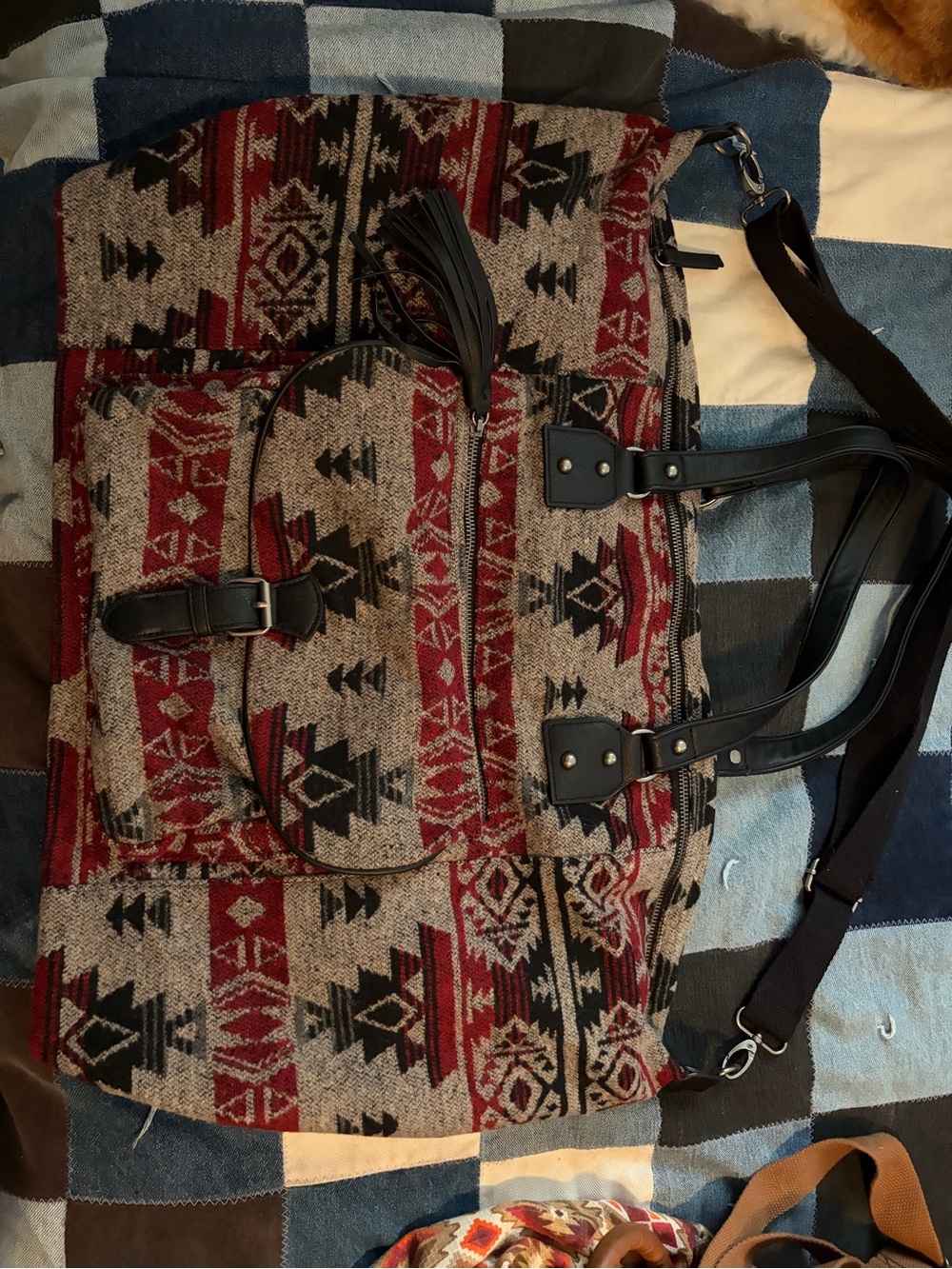 Aztec-Pattern Travel Tote in Red, Gray and Black